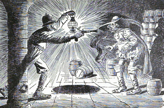 Black and white illustration, Guy Fawkes on the right being discovered by a police officer on the left, with barrels of gunpowder.