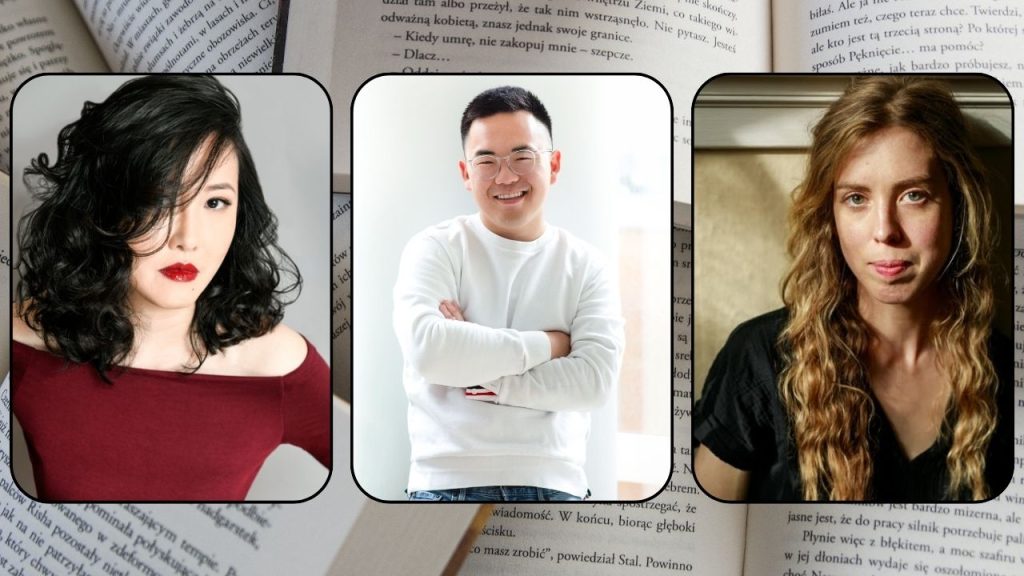 Headshots of Rita Chang-Eppig, Jinwoo Chang, and Erica Berry in front of overlapping book pages.