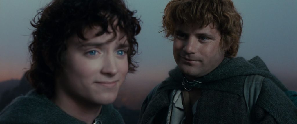 Frodo stands on the left in front of Sam, who stands on the right. Frodo stares straight ahead, smiling, while Sam stares at Frodo, smiling, as if he's speaking to him.
