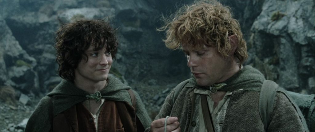Frodo is on the left and Sam is on the right. They are in a mountain cave of sorts. Frodo looks on Sam fondly, smiling at him. Sam isn't looking Frodo's way.