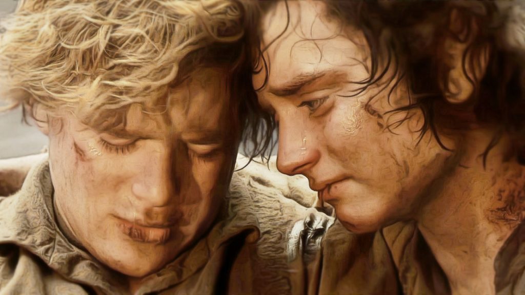 Sam is on the left and Frodo is on the right. Their heads are leaning together, but Sam is looking down and his eyes are closed. They both look as if they are crying.