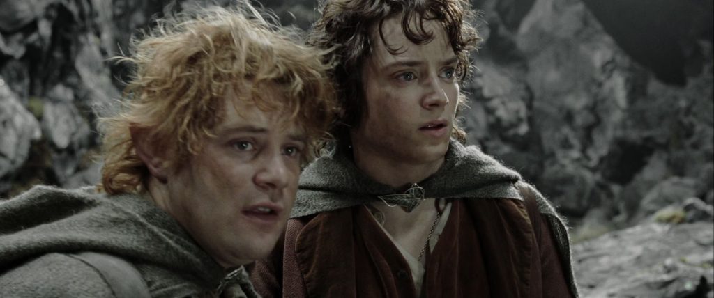Sam is on the left and Frodo is on the right. They are staring at something with curious, wondering looks. They look to be outside with large rocks behind them as if they are in the mountains. They look messy and disheveled, as if they have been traveling a long time.