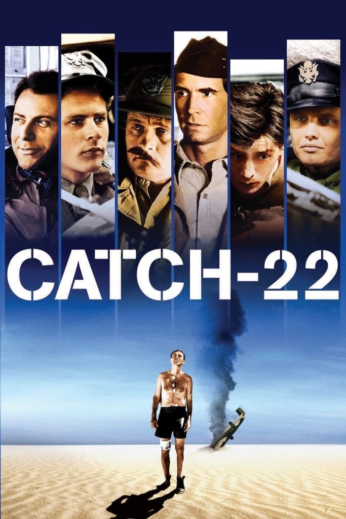 1970 'Catch-22' movie poster showing John Yossarian, Nately, Major Major Major Major, Chaplain Tappman, 1st Lt. Dobbs, and Milo Minderbinder on top, then Yossarian on the bottom with a crashed plane in the background