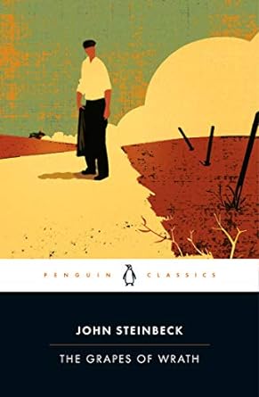 'Grapes of Wrath' book cover by John Steinbeck showing a man at a farm