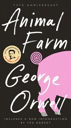 'Animal Farm' by George Orwell book cover with a pig against a black background