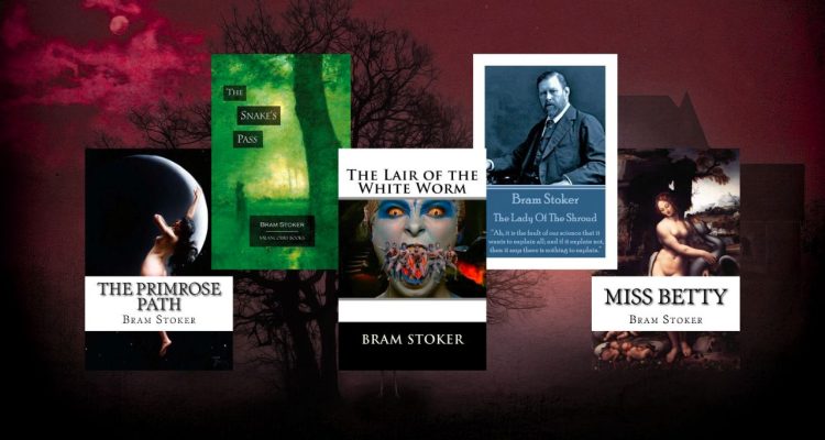 Bram Stoker book covers against an eerie-looking red backdrop of a tree and a house.