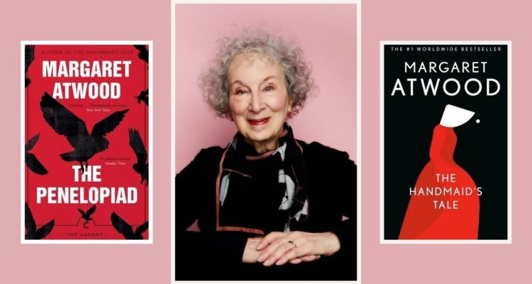 Margaret Atwood smiling framed by the covers of The Handmaid's Tale and The Penelopiad on a pink background.