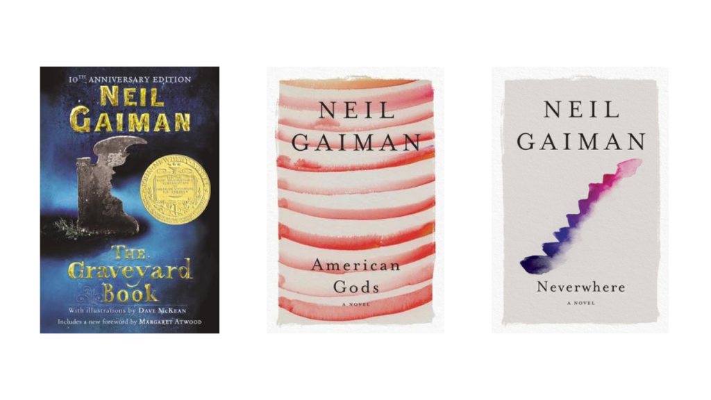 Neil Gaiman's The Graveyard Book, American Gods, Neverwhere books covers 