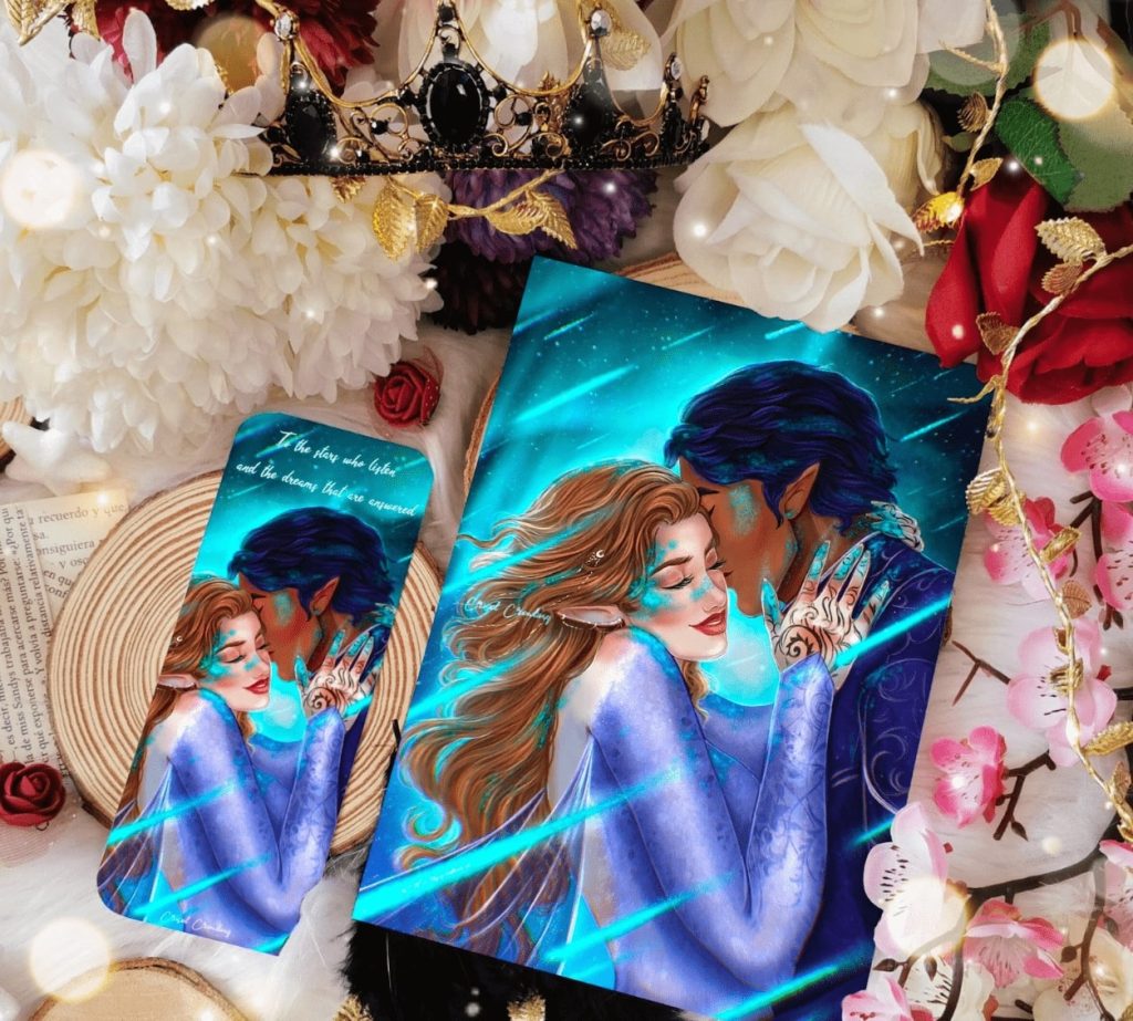 Two matching fanart prints of Feyre and Rhysand holding each other