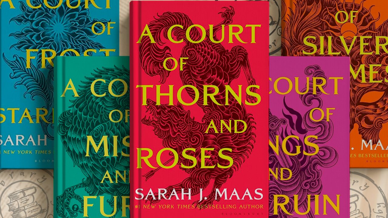 A group picture of all 5 ACOTAR books in the series