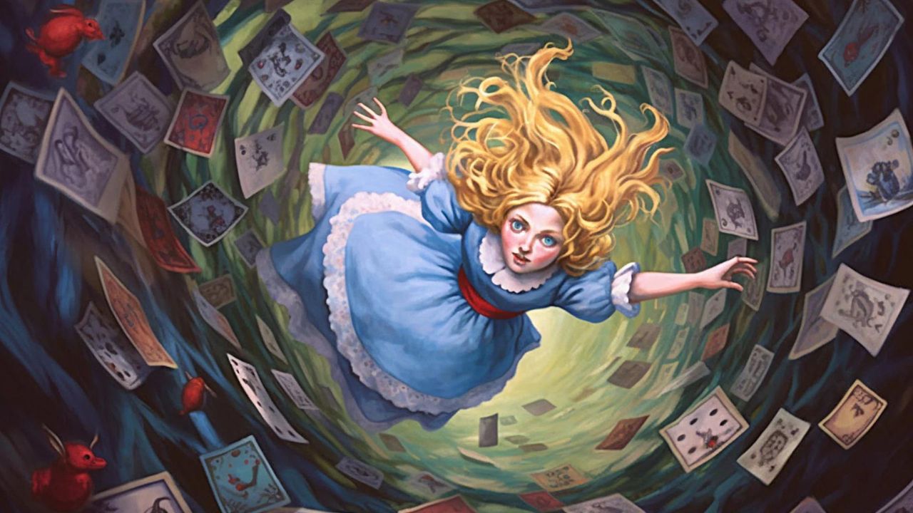 Alice falling down the rabbit hole in Wonderland