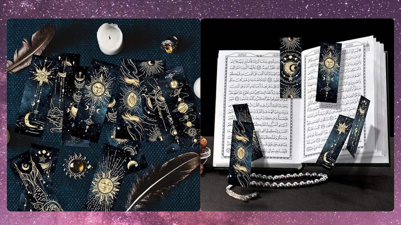 On the left side is a set of bookmarks with starry moon and sun scenes. They are surrounded with candles and a bird's feather, all sitting on top of a deep blue tablecloth. On the right side is an open book with the same bookmarks lying inside of it. A pearl bead bracelet lies beneath the book. Everything sits on a brown table.