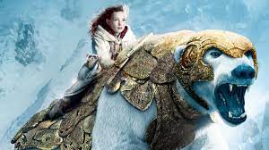 Lyra riding on Iorek's back high in the mountains and snow