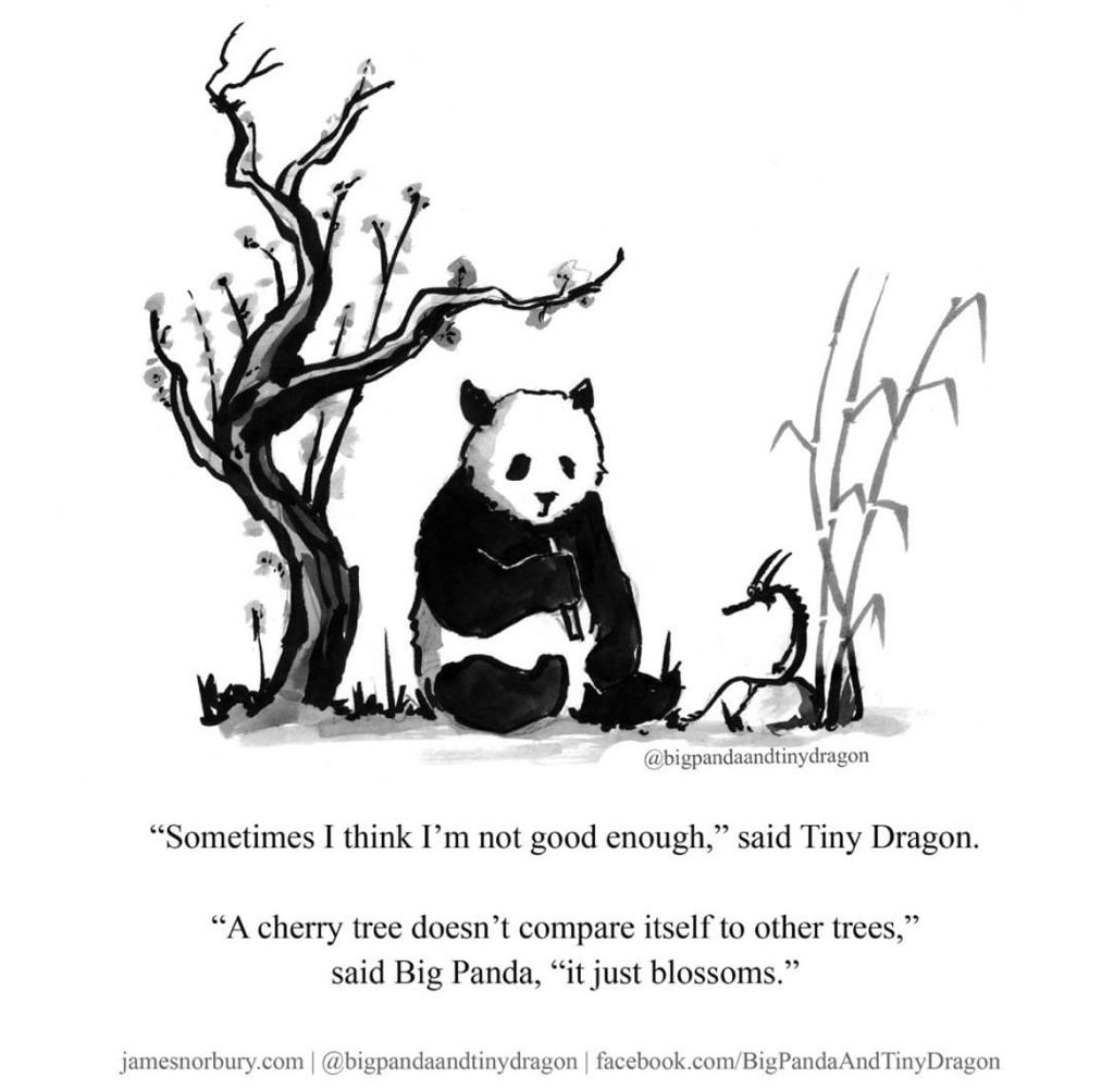 A panda and a black dragon sitting next to a cherry blossom tree.