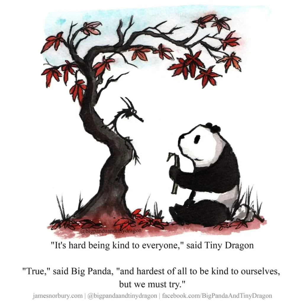 A panda looking up at a dragon, who is sitting on a tree that is shedding leaves.