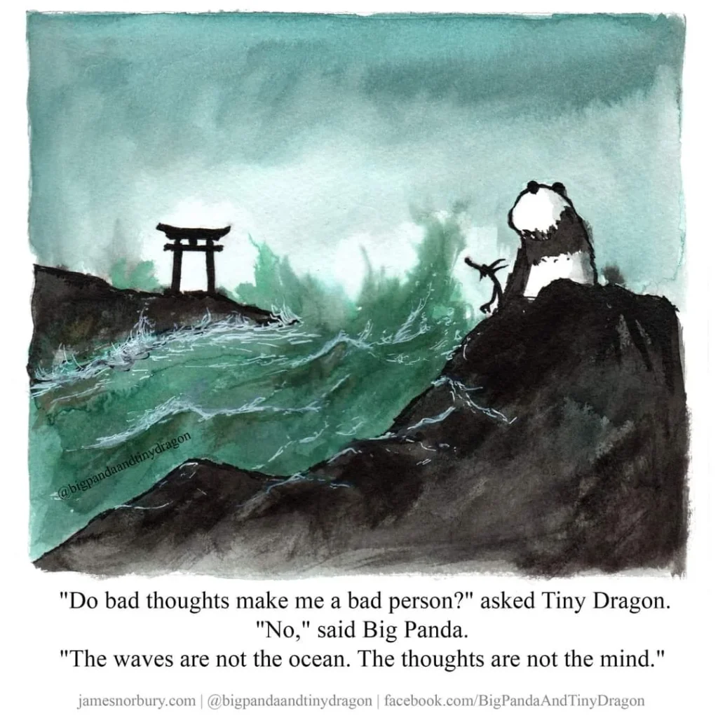 A panda and a dragon sitting on a black rock with their backs facing the viewer. The ocean is in front of them.