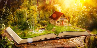 An open book with a whimsical scene of trees, a red roofed house, and a grassy yard making up the pages of the book. The book sits on a tree stump. Yellow light shines down on the right side where the house sits.