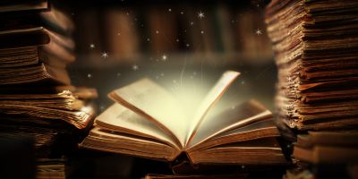 An open book surrounded by papers and books stacked neatly on either side of the book. Sparkly mist emits from the open book. A blur of books on shelves sit in the background.