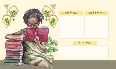 A young Black girl is sitting on a table reading a book with a red cover in one hand. Her other hand and arm are sitting on top of a stack of books. Behind her, three yellow squares with writing on them and hanging wallflowers against a yellow painted wall. There's a calm feel all through the scene.