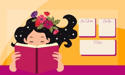A young girl is reading a book with a red cover. Her long, black hair flutters around her shoulders. There are sparkles and flowers in her hair. Behind her, three square boxes with words on them are set against a light orange wall. The image is in shades of violet and varying shades of orange.