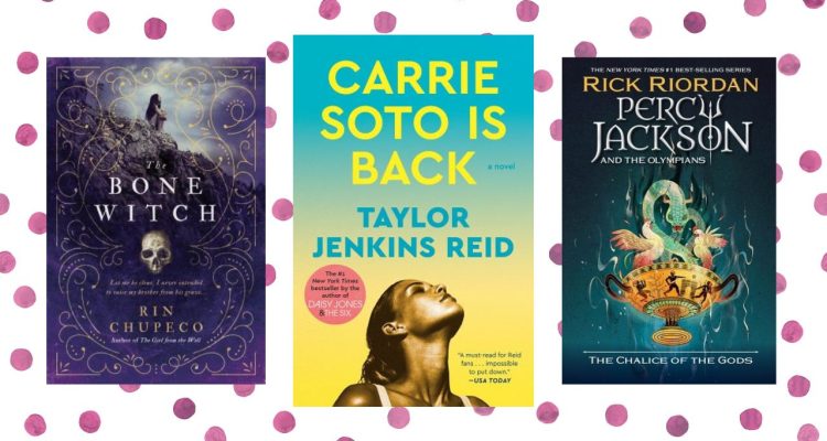 Carrie Soto is Back cover by Taylor Jenkins Reid, The Bone Witch cover by Rin Chupeco, and Chalice of the Gods cover by Rick Riordan on top of a purple polka-dotted background.