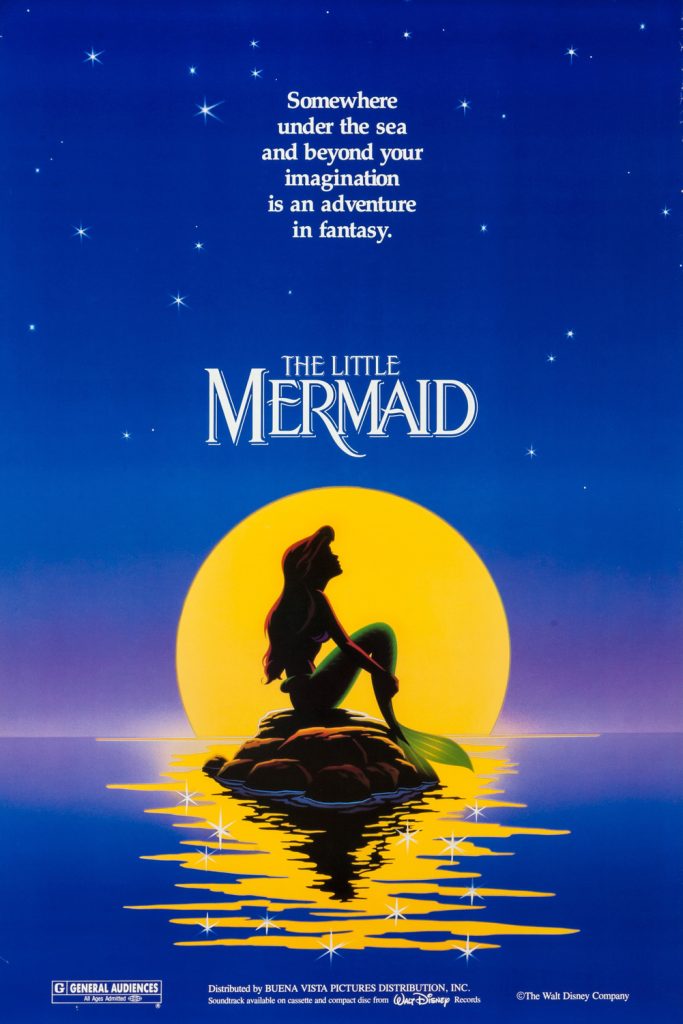 The Little Mermaid animated movie poster, ariel sitting on a rock peaking out of the ocean with the setting sun behind her.