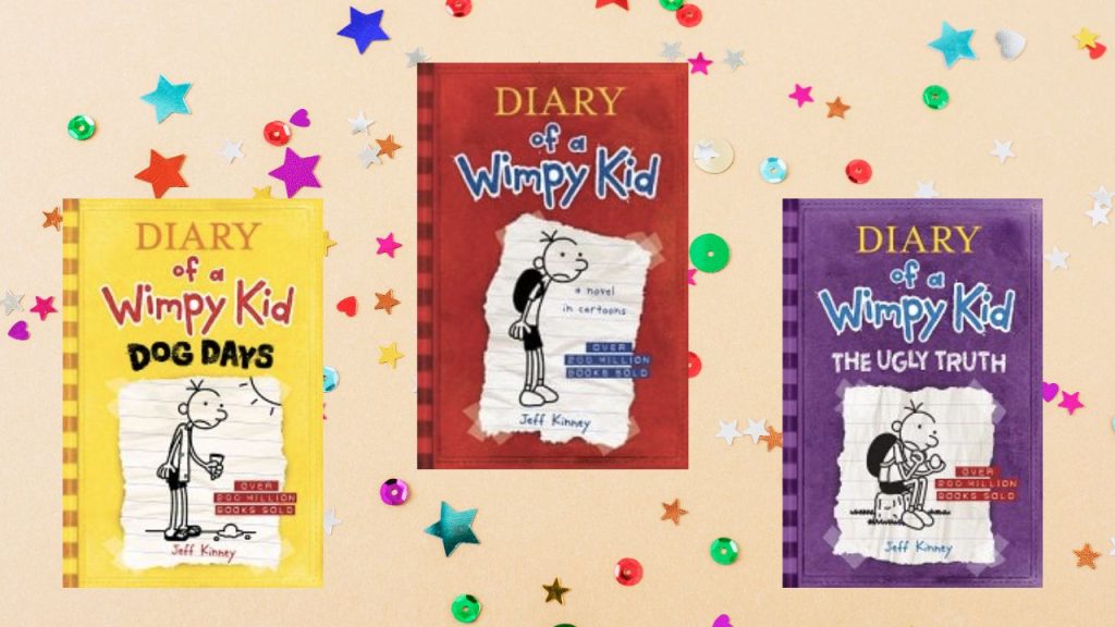 Three book covers of Jeff Kinneys Diary of a wimpy kid, durthest left showing a boy holding an empty icecream cone and his icecream on the ground, the middle showing the same boy frowning, and the furthest right showing the same boy sitting and frowning at an egg in his hand. 