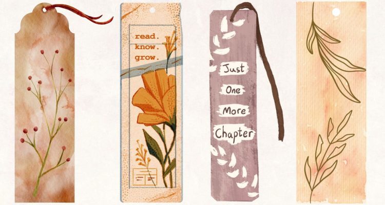 There are four bookmarks with different designs on each. They all have leaves and flowers on them and are a mixture of light oranges and soft reds, and some beiges. The bookmarks give the feeling of the fall season.