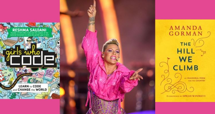 singer pink in concert plus two book covers, Beloved and The Hill We Climb