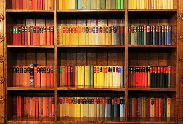 A bookshelf with many books sorted by color.