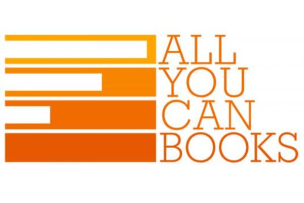 All You Can Books Logo, whilte background with Orange ombre book stack