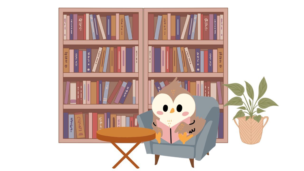 An owl sitting in a blue chair in front of two bookshelves filled with books.