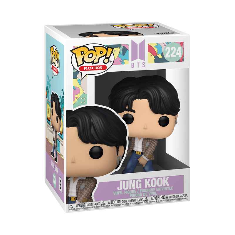 Funko Pop! of Jung Kook of BTS with black hair and a plaid jacket in the original packaging.