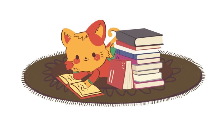 Illustrated image of an orange cat in a red sweater laying on a brown carpet reading a book next to a stack of books.