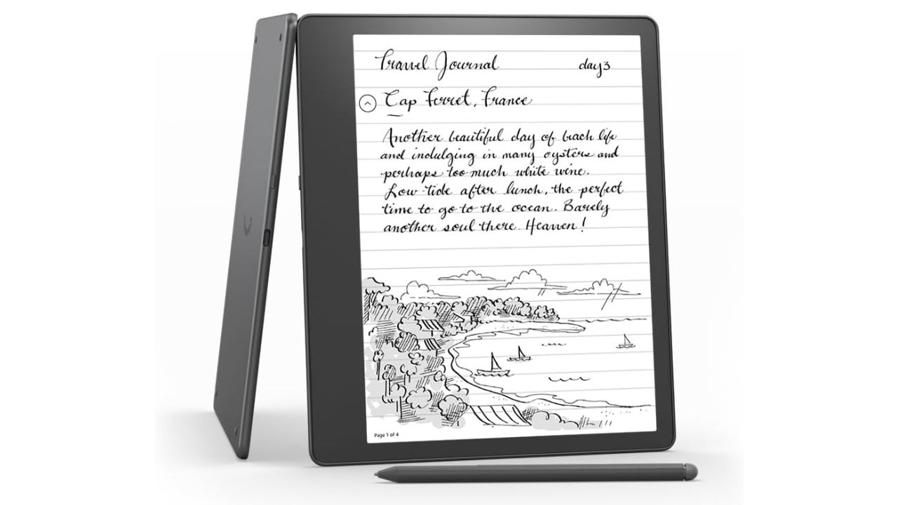 Amazon Kindle device with a stylus. Screen displays handwritten notes and an illustration of a lake with boats on it.