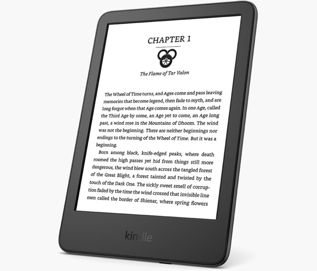 Kindle e-reader displaying the first page of the first chapter of an ebook.