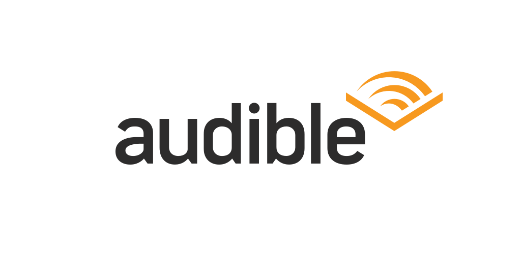 Amazon Audible logo, "audible" in black lowercase text with an orange flipping book icon to the top right corner.