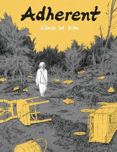 Book cover for Adherent. At the top reads the title and beneath that the author, Chris W. Kim. The cover features a woman in white walking among a grey, grassy landscape with yellow debris randomly strewn around the ground.