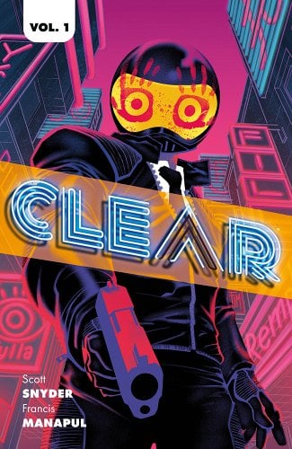 Cover for Clear which depicts a colorful silhouette in a suit aiming a gun at the bottom cover. A motorcycle helmet covers their head, the visor is colored yellow with red hand prints for eyes. The middle of the cover has the book title.