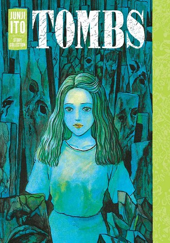 Cover for Tombs. The top shows the title of the cover story, Tombs. The woman in the center is colored in a dark blue with tombs around her. Every tomb a facial feature on it but doesn't look like human faces.