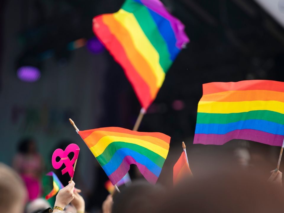 People waving LGBTQ flags