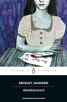 'Hangsaman' by Shirley Jackson book cover showing a girl sitting at a table with a letter and blood spilled on the letter