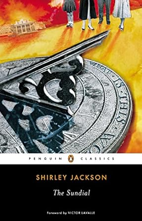 'The Sundial' by Shirley Jackson book cover showing part of a sundial with four people's lower bodies in the background