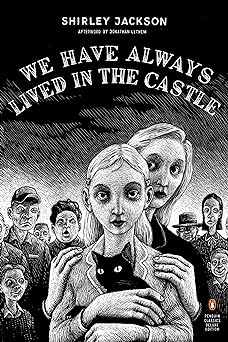 'We Have Always Lived in the Castle' by Shirley Jackson book cover showing 10 prople staring directly at the front