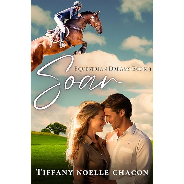 Couple leans into each other in a green pasteur while a woman jumping a horse is pictured above them