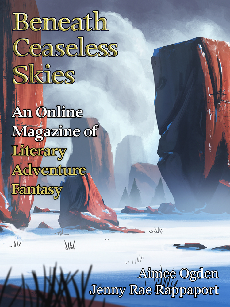 'Beneath Ceaseless Skies' issue cover showing tall rocks and a snowy landscape