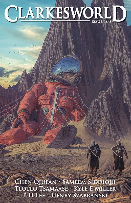 'Clarkesworld' Issue 163 cover showing a large astronaut suit propped against mountains with two people walking toward it