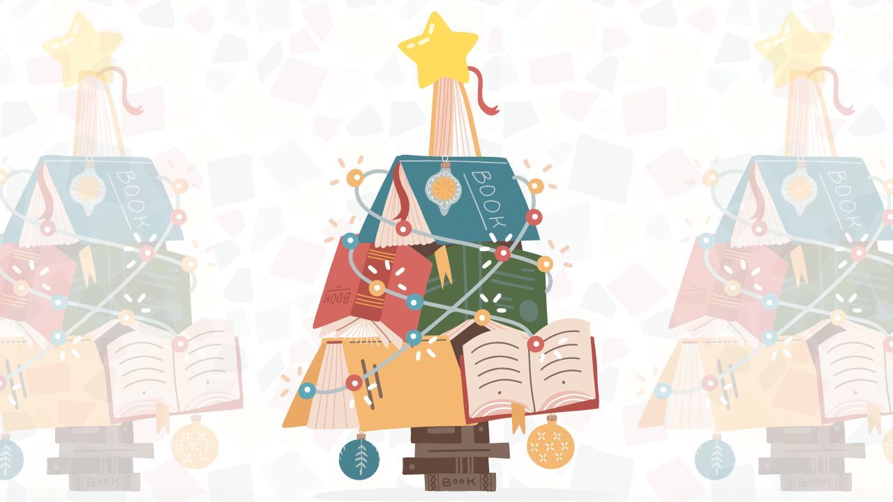 drawing of a christmas tree made of books