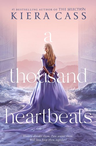 'A Thousand Heartbeats' by Kiera Cass book cover showing the back of a young woman wearing a long, large purple gown