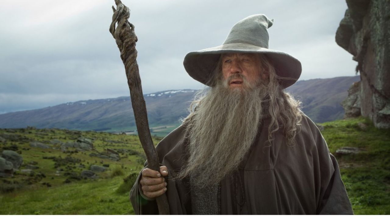 Gandalf holding his staff looking at the distance against a green landscape
